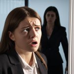 A woman experiencing inexplicable discomfort towards a new female colleague in a modern office setting. Behind the new colleague, a faint, transparent, shadowy figure of a past acquaintance (e.g., a betraying friend) subtly overlaps, symbolizing an unconscious projection of past negative emotions onto the present. The woman's expression shows confusion and slight distress. Soft, realistic lighting, psychological depth.