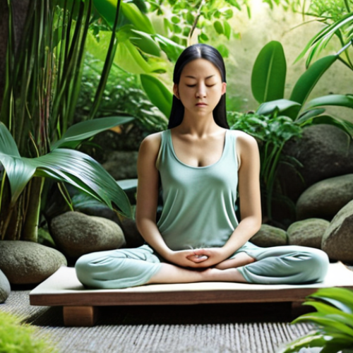 Home 15 **A serene zen garden with a person meditating. Focus on calming colors and soft lighting to evoke a sense of peace and mindfulness. The individual is surrounded by lush greenery, symbolizing a safe and nurturing "comfort zone".**