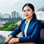 **

A professional businesswoman in a modest business suit, sitting at a desk in a modern office with a view of Ho Chi Minh City. Fully clothed, appropriate attire, safe for work, perfect anatomy, natural proportions, professional photography, high quality.

**