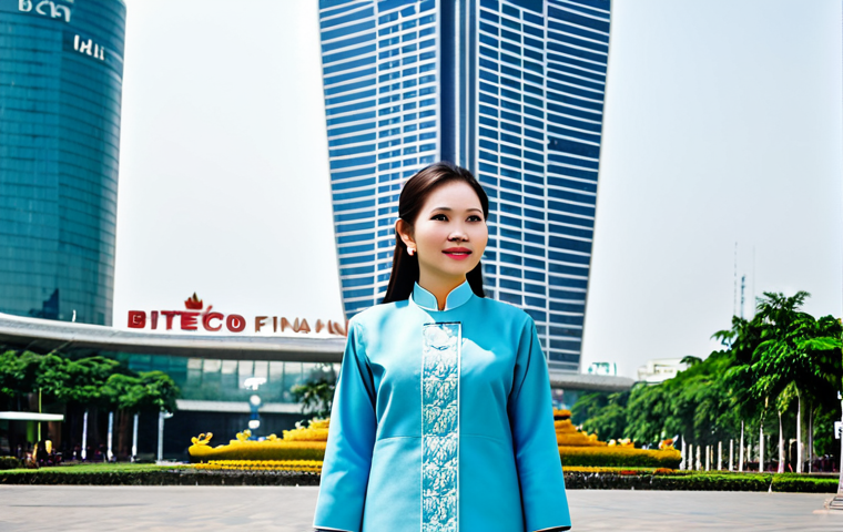 **
A professional businesswoman in a modest Ao Dai (traditional Vietnamese dress), standing in front of the Bitexco Financial Tower in Ho Chi Minh City, fully clothed, appropriate attire, safe for work, perfect anatomy, natural proportions, professional photography, bright daylight, family-friendly.
**
