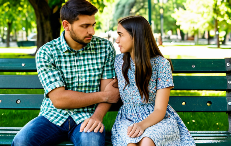 감정전이와 사랑의 표현 - Empathetic Connection**

A young woman, fully clothed in a modest floral dress, sits on a park bench...