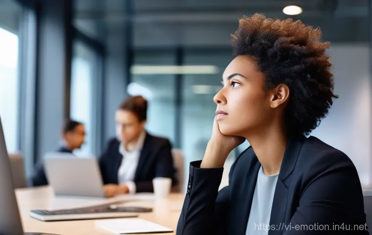 감정전이와 직장 내 스트레스 - **Prompt:** A young professional (male or female, diverse ethnicity) sits at a modern, open-plan off...