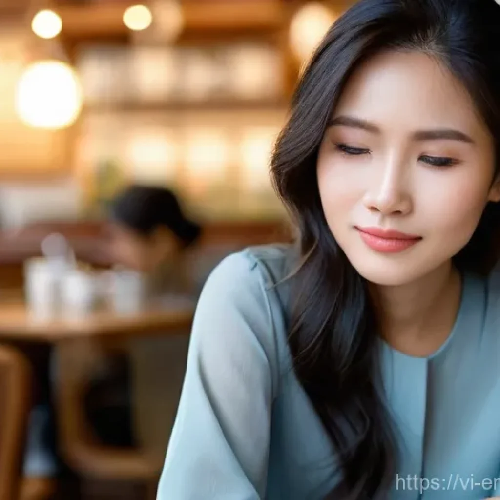 감정전이와 비언어적 소통 - **Prompt 1: The Weight of Unspoken Words**
    A young Vietnamese woman sits at a cafe table, dresse...