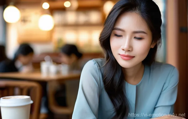 감정전이와 비언어적 소통 - **Prompt 1: The Weight of Unspoken Words**
    A young Vietnamese woman sits at a cafe table, dresse...