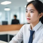 Home 20 감정전이 상담 기법 - A candid shot of a young Vietnamese woman, around 28-32 years old, dressed in stylish but profession...