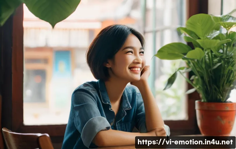 감정전이와 심리적 변화 - **Prompt:** A cozy and bustling Vietnamese coffee shop. A young woman, in her mid-20s, with short, s...