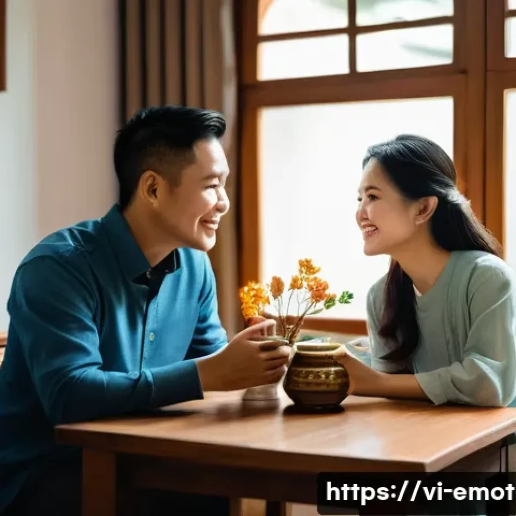 감정전이 결혼생활 - A Vietnamese married couple sitting together in a cozy living room, engaging in deep, empathetic con...