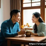 Home 21 감정전이 결혼생활 - A Vietnamese married couple sitting together in a cozy living room, engaging in deep, empathetic con...