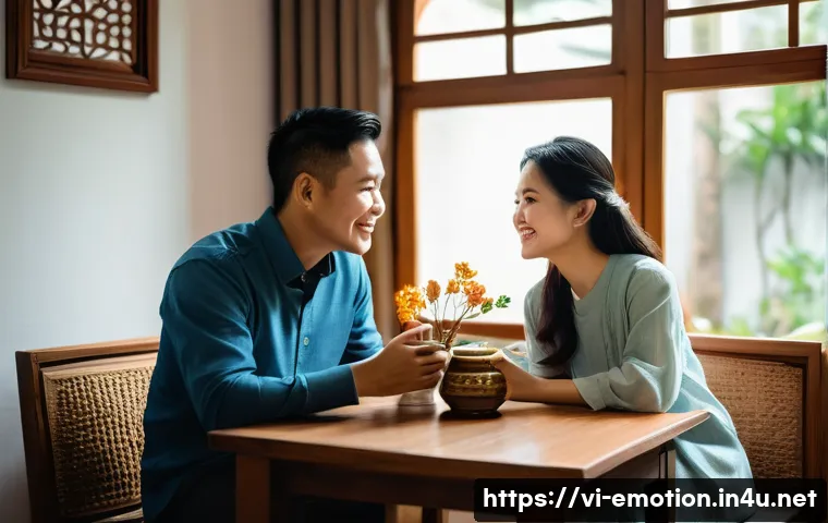 감정전이 결혼생활 - A Vietnamese married couple sitting together in a cozy living room, engaging in deep, empathetic con...