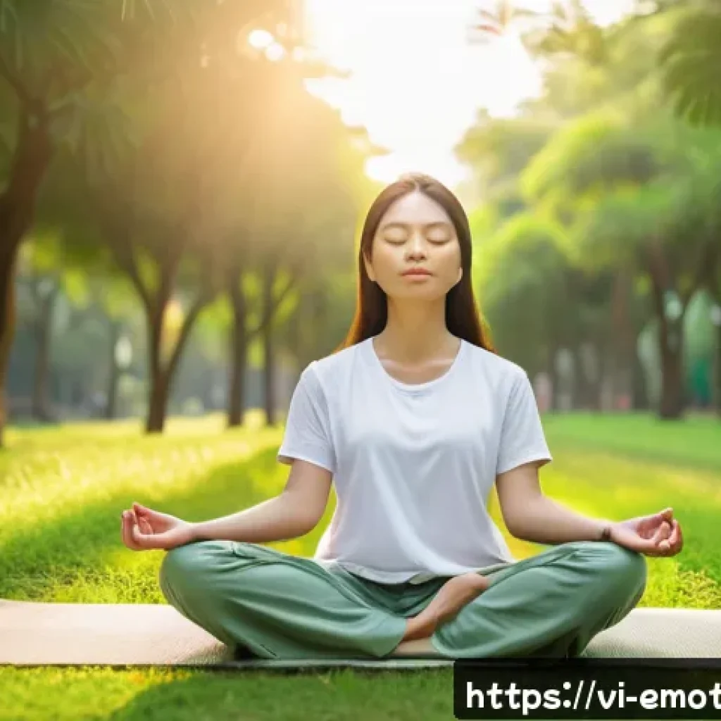 감정전이와 심리학적 성장 - A young Vietnamese woman practicing mindfulness meditation in a serene urban park at sunrise, wearin...