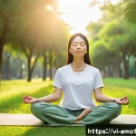 Home 19 감정전이와 심리학적 성장 - A young Vietnamese woman practicing mindfulness meditation in a serene urban park at sunrise, wearin...