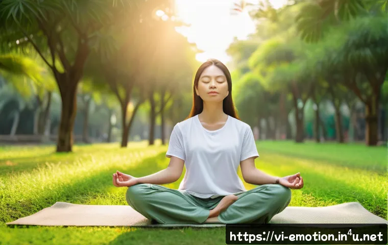 감정전이와 심리학적 성장 - A young Vietnamese woman practicing mindfulness meditation in a serene urban park at sunrise, wearin...