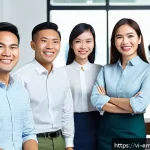 Home 18 감정전이 효과 - A diverse group of Vietnamese office colleagues in a bright, modern workspace, smiling warmly and en...