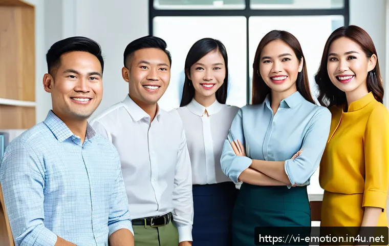 감정전이 효과 - A diverse group of Vietnamese office colleagues in a bright, modern workspace, smiling warmly and en...