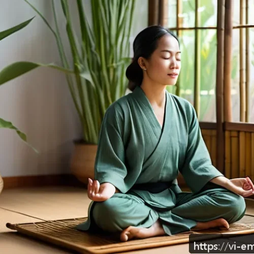 Home 17 감정전이와 갈등 해결 - A serene Vietnamese woman in her early 30s practicing mindful meditation in a peaceful home setting,...