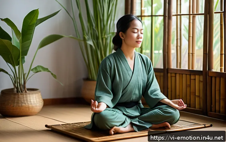 감정전이와 갈등 해결 - A serene Vietnamese woman in her early 30s practicing mindful meditation in a peaceful home setting,...