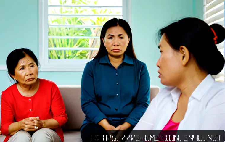 감정전이 유형 - Photorealistic scene of emotional contagion in a modern Vietnamese family living room, a worried mid...